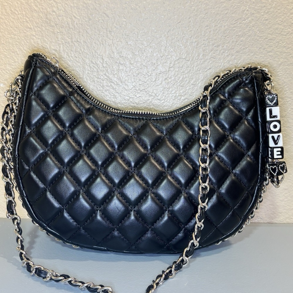 Black Quilted Crescent Purse Bag‎ Shoulder Handbag Chain Accents, & Strap LOVE